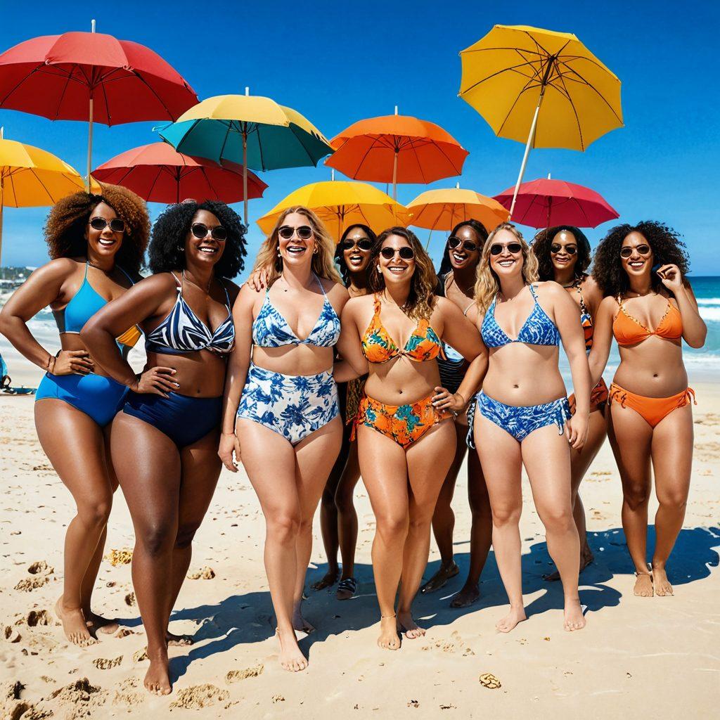 A vibrant beach scene featuring diverse women of different body types showcasing stylish two-piece swimsuits. The women are laughing and enjoying the sun, with colorful beach umbrellas and clear blue water in the background. Focus on the intricate designs and patterns of the swimsuits, capturing a sense of confidence and body positivity. The overall mood is cheerful and empowering. tropical beach, vibrant colors. super-realistic.