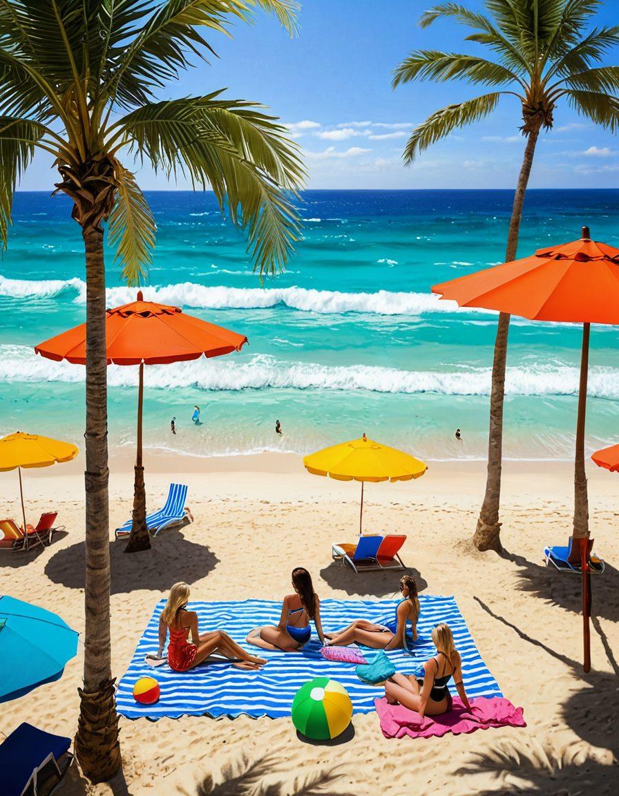 A vibrant beach scene showcasing a diverse group of stylish individuals in chic bikinis, lounging under colorful umbrellas, engaging in beach activities, and soaking up the sun. The background displays crystal clear water with gentle waves, and palm trees swaying in the breeze. Add playful summer accessories like sunglasses and beach balls for a lively touch. Bright and cheerful colors. super-realistic. vibrant colors.
